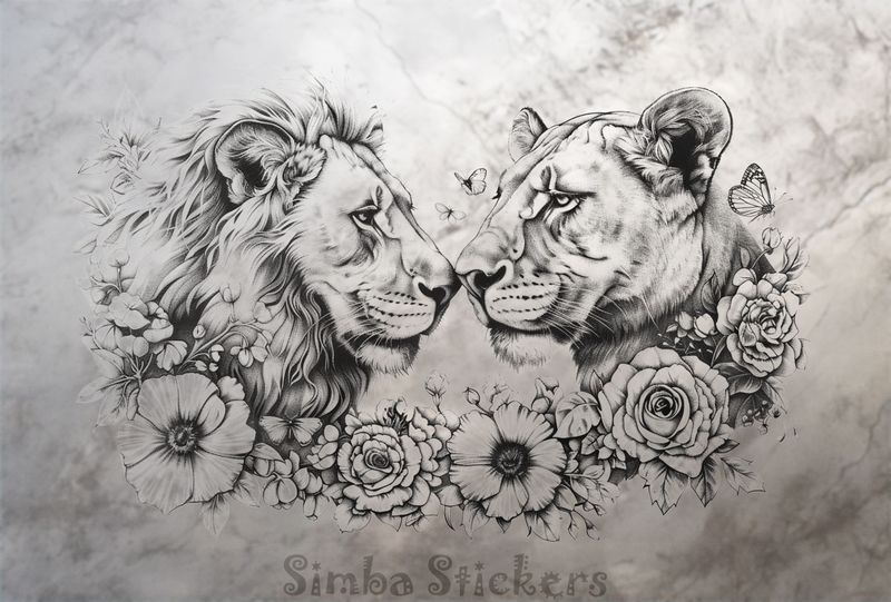 Male with lioness among flowers, outline art, nqgi2b
