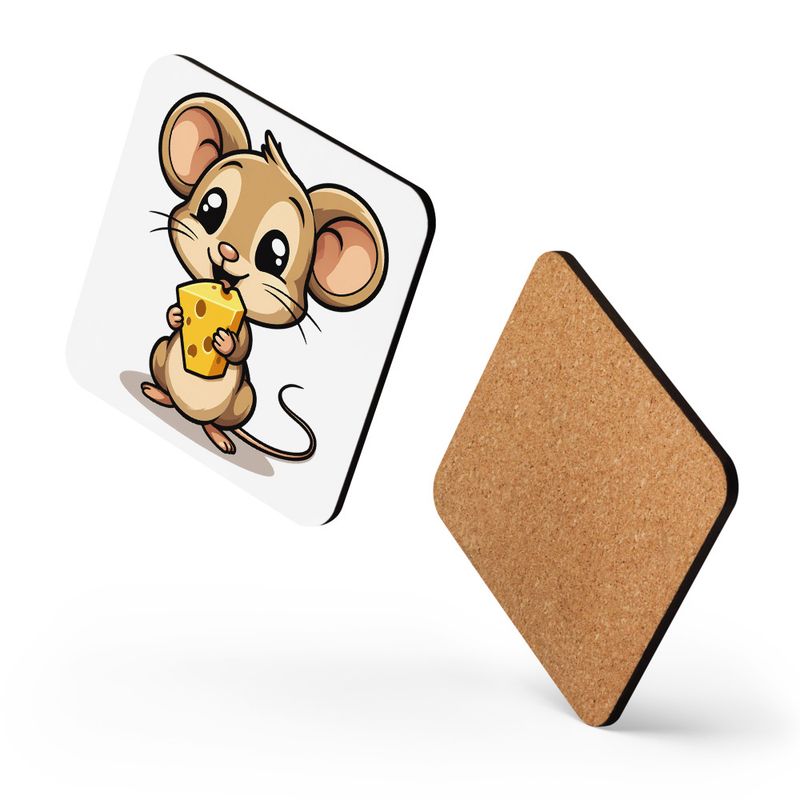 Cork-Back Coaster, Small Mouse happily licking large chunk of cheese, pqapy6