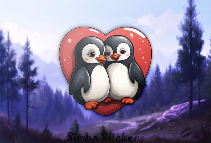 Penguins cheek-to-cheek smiling with glossy Valentine&#x27;s heart, 7r47dp