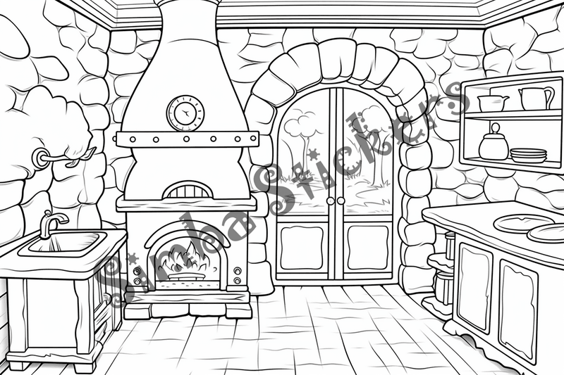 Colouring pages, bundle of house kitchens with stone ovens, 10 images