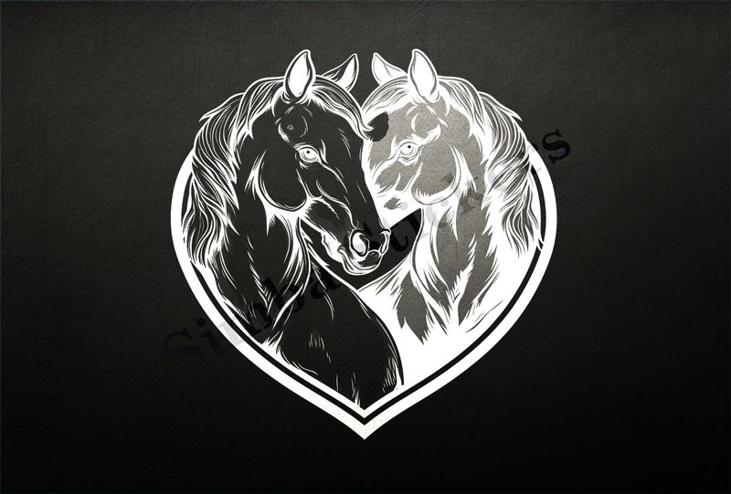 Horses in love, black and white, bust, in heart frame, outline art