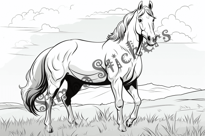 Colouring pages, bundle of horses on grass, 10 images