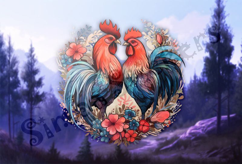 Cock and hen in love, flowers all over, watercolour