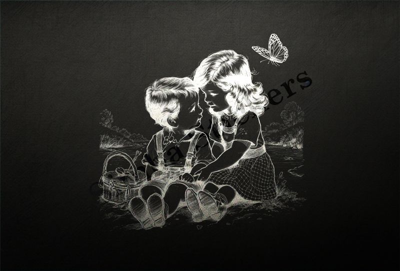 Boy and girl sitting with back to river, outline art