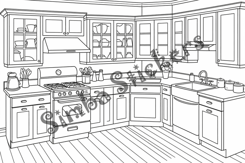 Colouring pages, bundle of house kitchens, 10 images