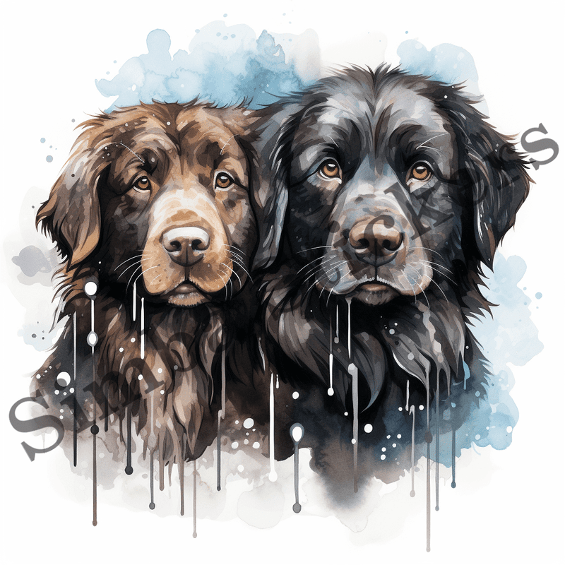 Newfoundland dogs wet in the rain, watercolour, image set, 10 images