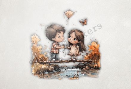 Boy and girl holding a kite on a bridge, watercolour