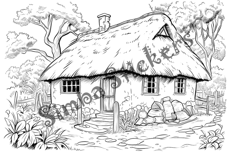 Colouring pages, bundle of houses, African thatched, 10 images