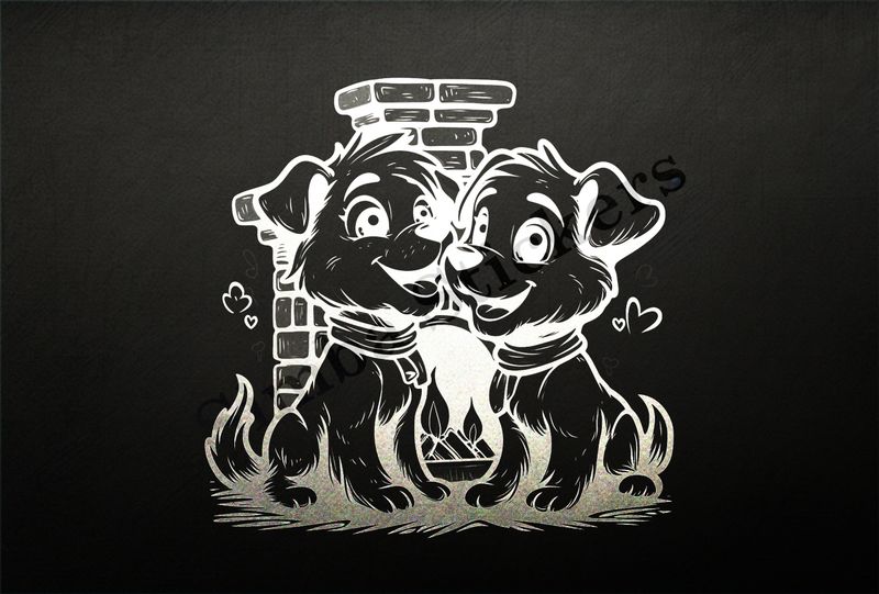 Cute dogs by the fireplace, outline art