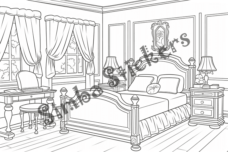Colouring pages, bundle of house bedrooms, 25 images