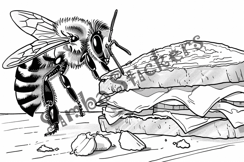 Colouring pages, bundle of bees around food, 10 images