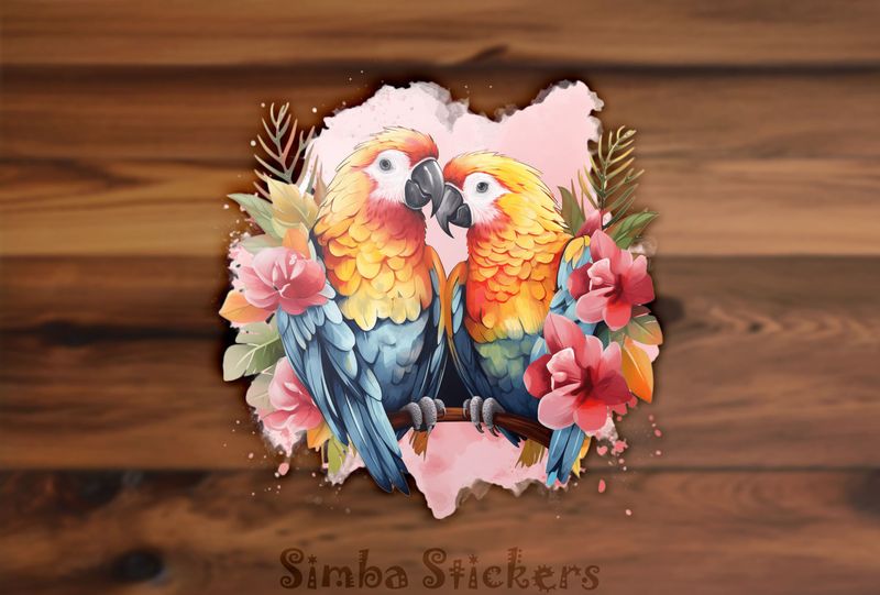 Parrots in love among flowers in pinkish background, watercolour, nvcywh