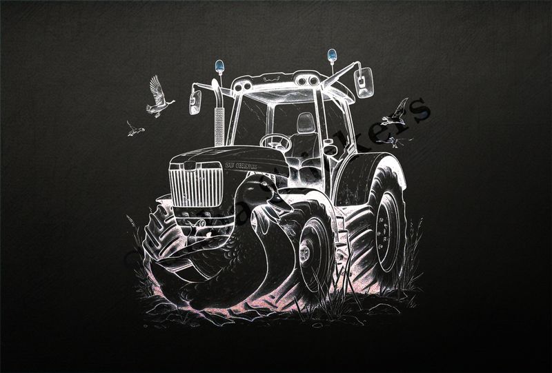 Ducks cuddling in front farmer&#x27;s tractor, under other birds, outline art