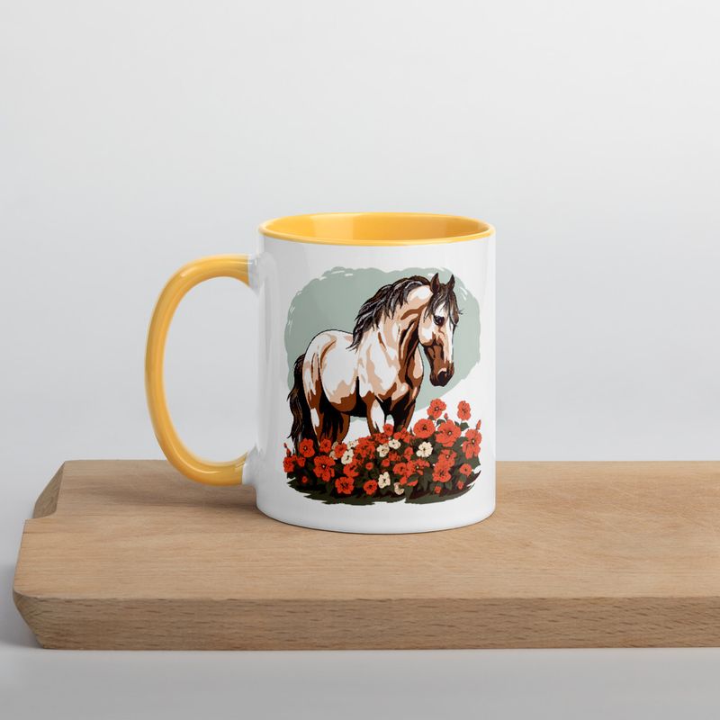 White Ceramic Mug with Color Inside, 11&amp;15oz, Brown horse in field of red flowers, n4w2fj