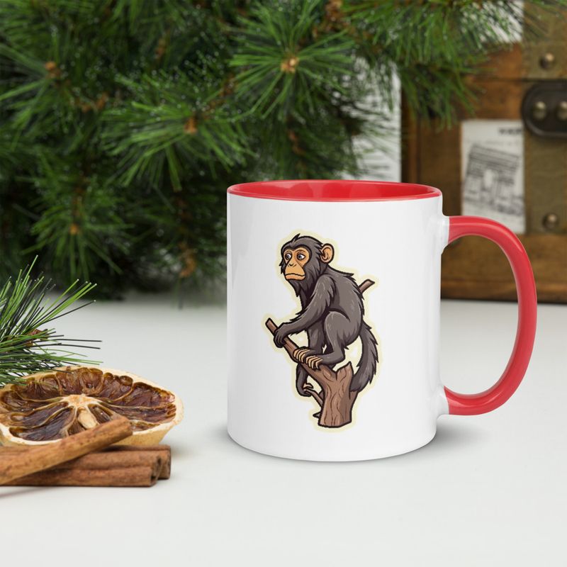 White Ceramic Mug with Color Inside, 11oz &amp; 15oz, Baboon on a tree, looking sad, head-to-head