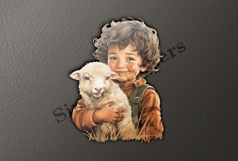 Lamb in arms of small boy of Asian origin, vintage