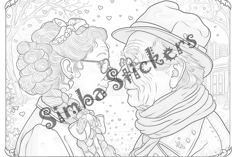 Colouring pages, bundle of people, grandparents in love at picnic, 25 images