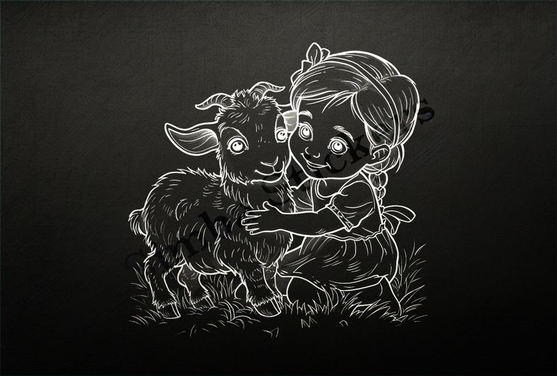 Goat kid hugged by small girl with braided hair and bow, outline art