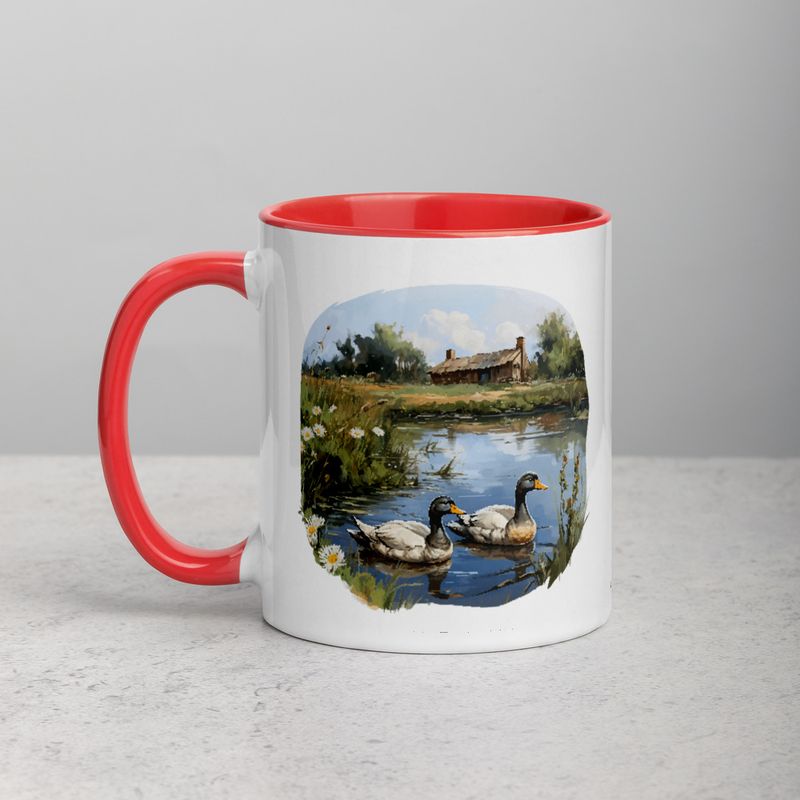 White Ceramic Mug with Color Inside, 11 &amp;15oz, Ducks in love swimming in farmhouse pond 