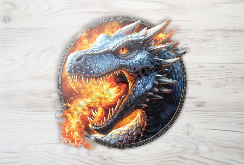 Dragon breathing fire, head covered in fire