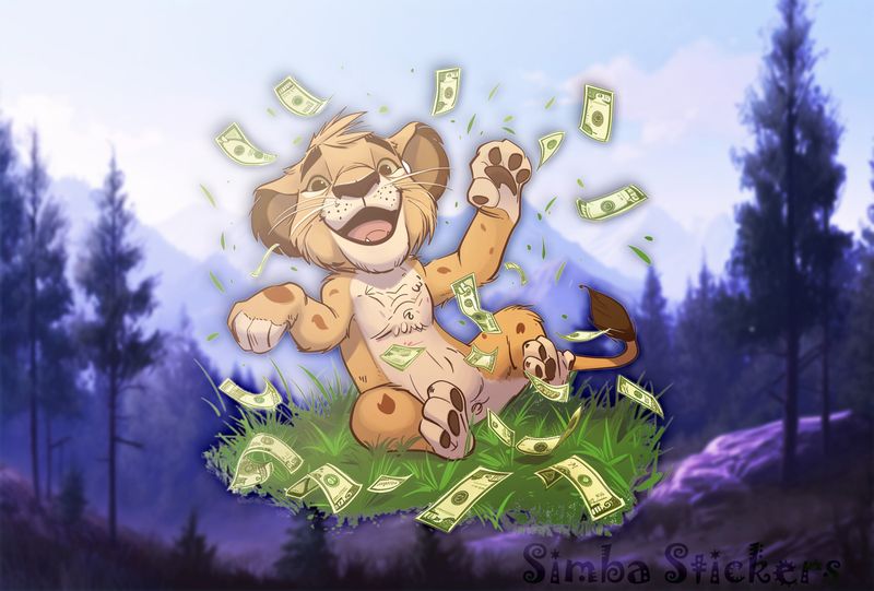Simba Lion cub laughingly throwing money