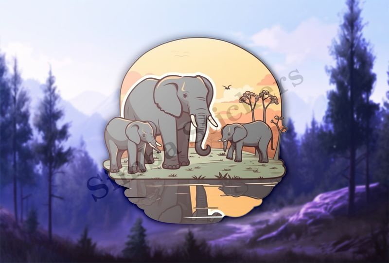 African elephant family at a pond in the Savanna