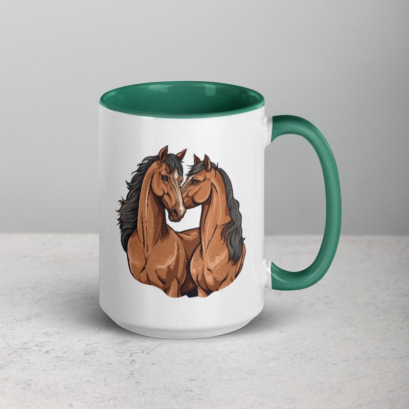 White Ceramic Mug with Color Inside, 11&amp;15oz, Two brown horses snuggling, tdwcyd