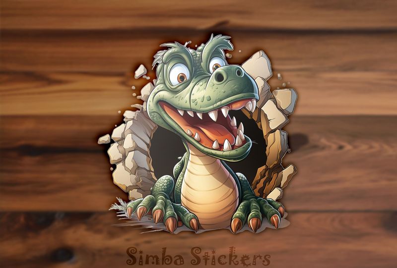 Happy green dinosaur in cave opening