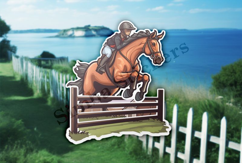 Brown horse with rider jumping over a fence