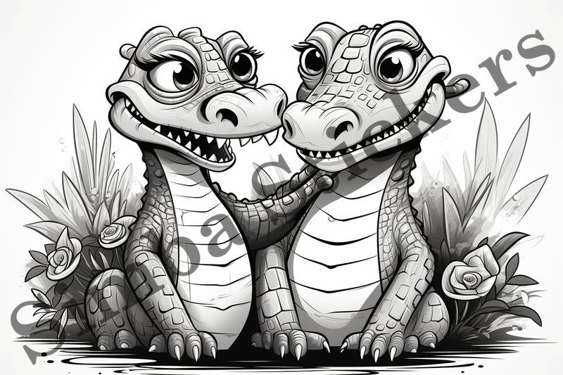 Colouring pages, Bundle of crocodiles in love, 10 images