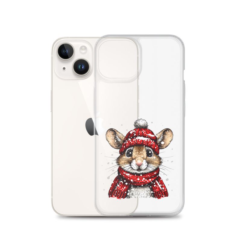 Clear Case for iPhone, Mouse wearing red winter hat and scarf in the snow, xg8dl3