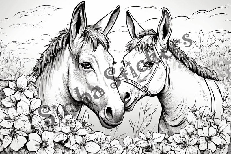 Colouring pages, bundle of donkeys in love, 10 images