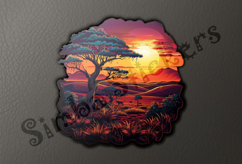 African Savanna landscape, under red sunset