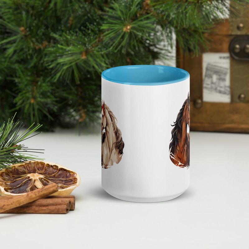 White Ceramic Mug with Color Inside, 11&amp;15oz, Horses nose-to-nose, jbgjpy