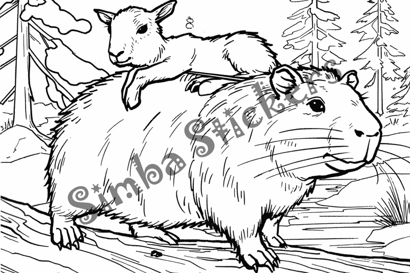 Colouring pages, bundle of capybaras with animals on back, 10 images
