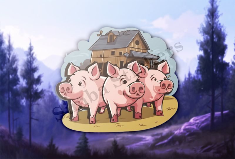 Three pigs in front of a wooden house