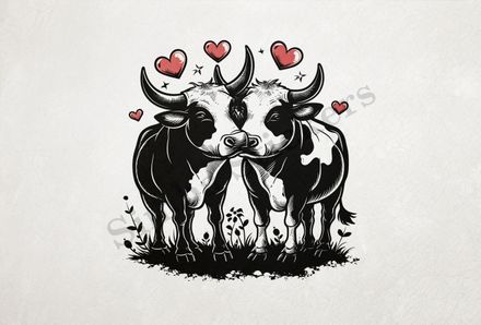 Bull and cow in love , standing in the grass, outline art