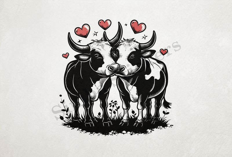 Bull and cow in love , standing in the grass, outline art