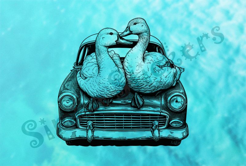 Ducklings cuddling romantically on hood of car, outline art