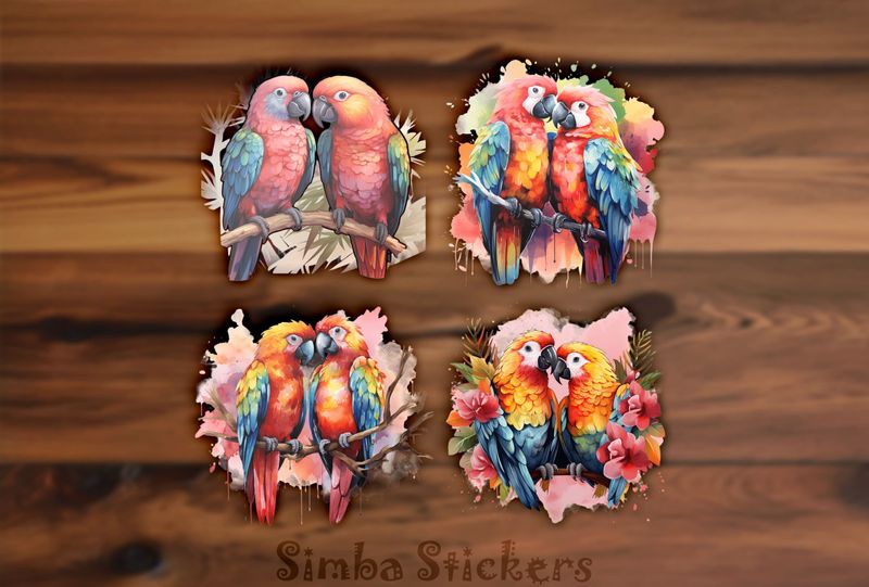 Parrots in love perching nose-to-nose, watercolour, 4-in-1, wbxkpp