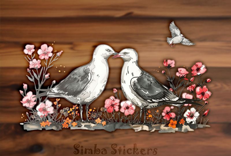 Seagulls in love beak-to-beak among colourful flowers, watercolour, zl4mlq