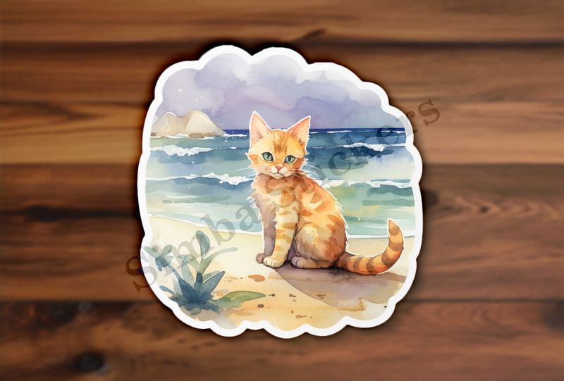 Cat on the beach, watercolour