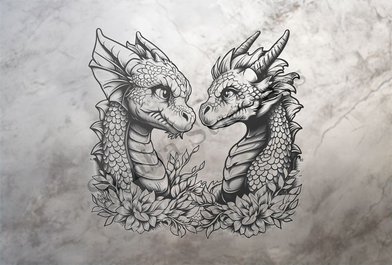 Baby dragons nose-to-nose in love, many flowers, outline art