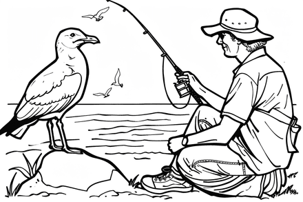 Colouring pages, bundle of seagulls harassing fishermen, 10 images