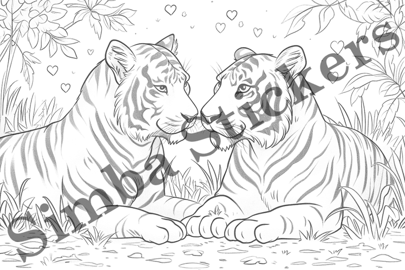 Colouring pages, bundle of tigers in love, 10 images