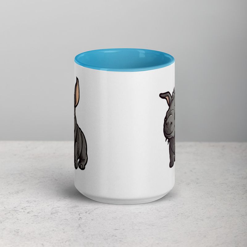White Ceramic Mug with Color Inside, 11oz &amp; 15oz, Black rhino calf looking cute 