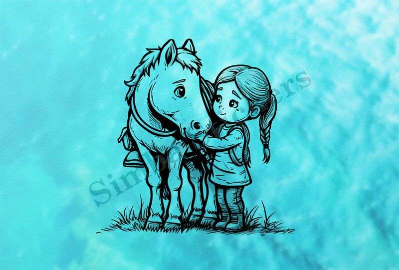 Horse being petted by a small girl, outline art