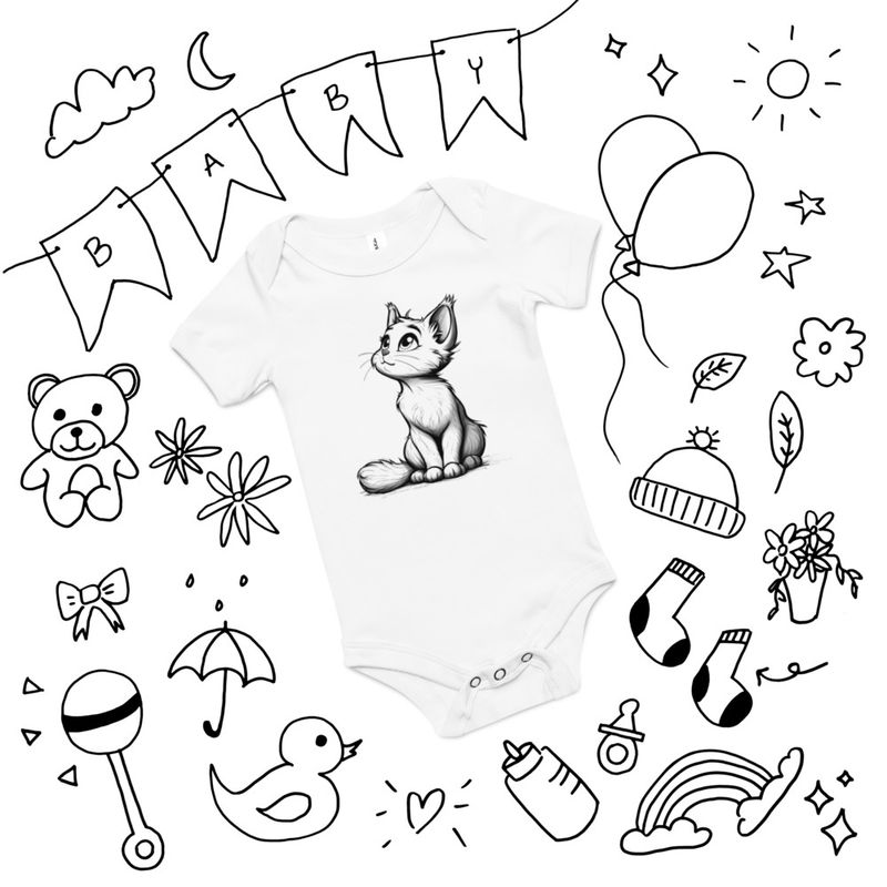 Baby Short Sleeve One Piece, 3-24 Months, Cat kitten sitting up, looking cute, mirrored