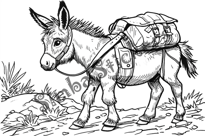 Colouring pages, bundle of donkeys carrying goods or people 10 images