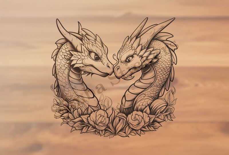 Baby dragons nose-to-nose in love,  wrapped in flowers, outline art